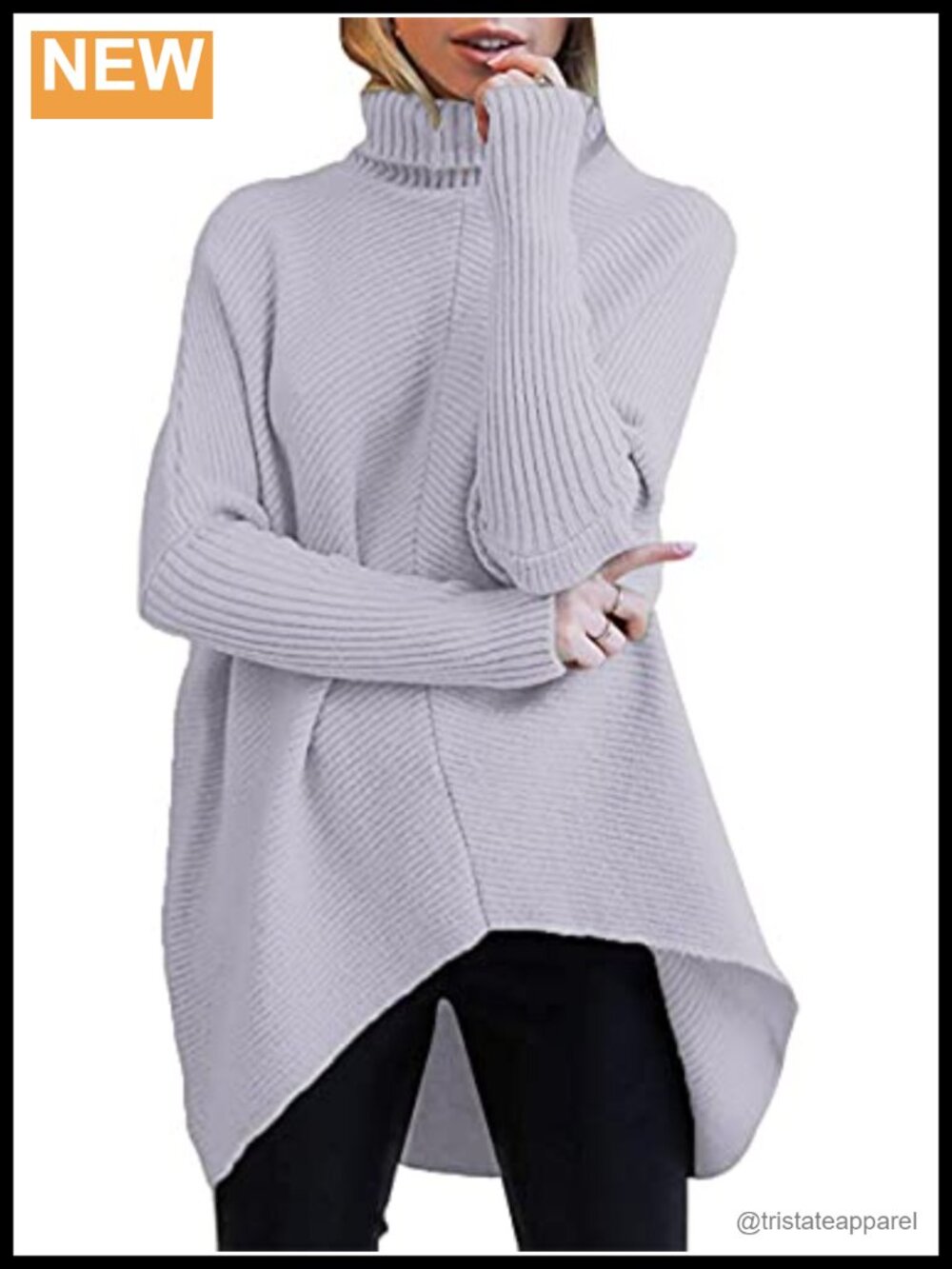 Oversized Turtleneck Sweater Batwing Sleeve High Low Hem Tunic Pullover